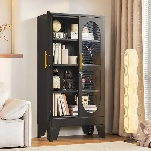 47" H Locking Display Cabinet with Glass Door, Metal Cabinets with 3 Adjustable Shelves, Cabinet Display Case for