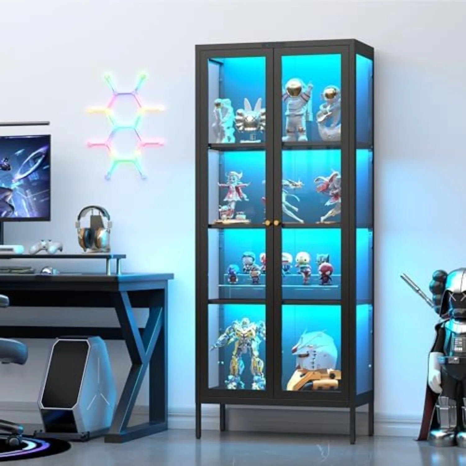 Display Cabinet with Glass Doors, Glass Display Cabinet with 8 Color LED Lights, Curio Display Cabinet with 3 Shelves